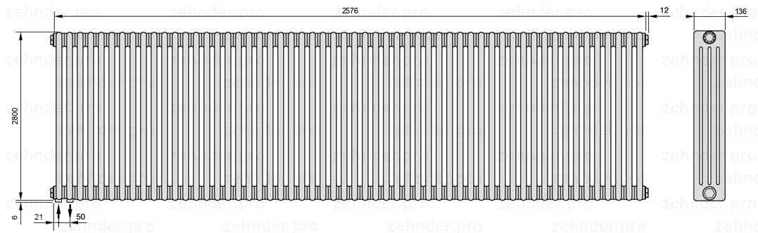 Схема (чертеж) Радиатор Zehnder Charleston 4280/56 №3370 Белый глянцевый RAL 9016